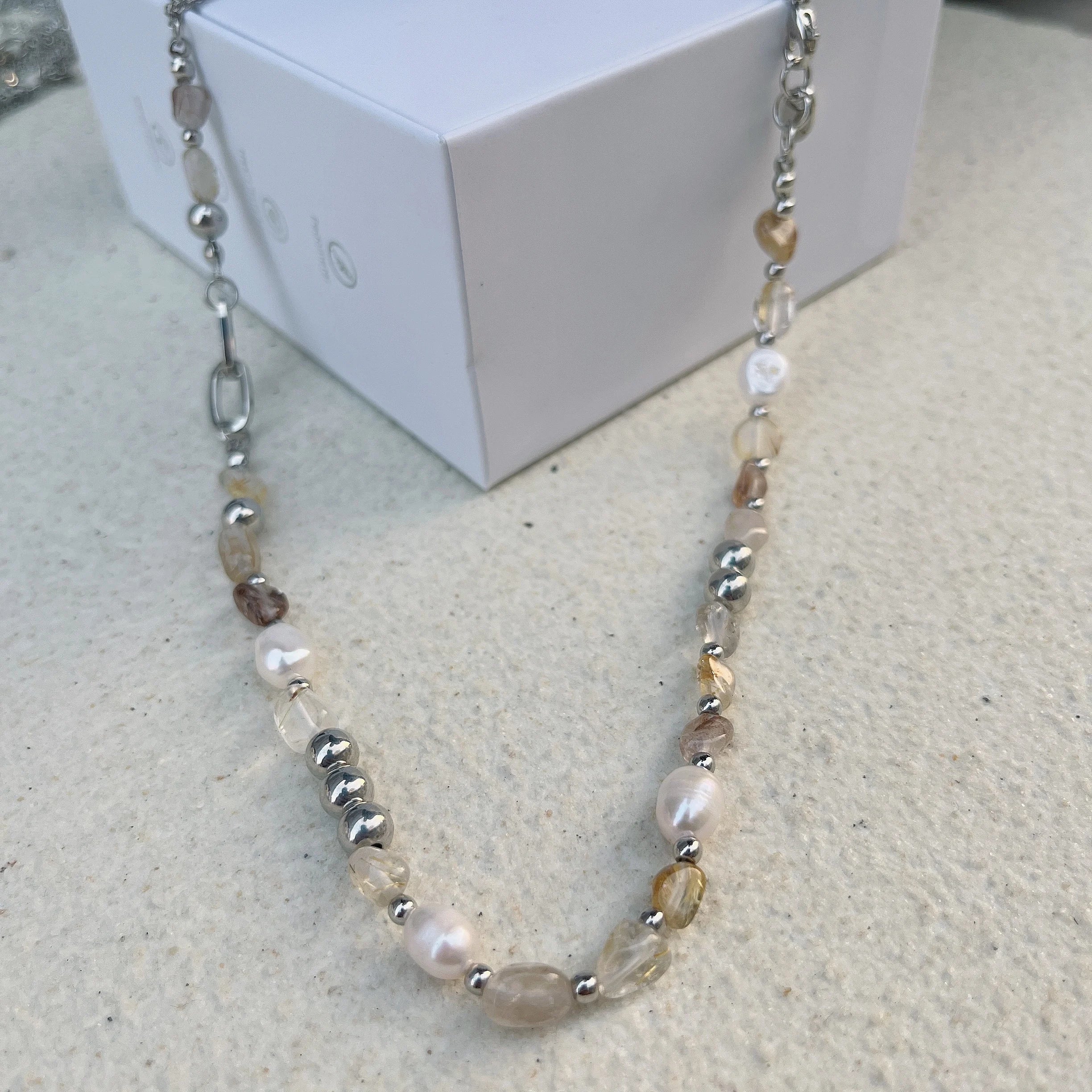 Natural Blue Crystal Freshwater Pearl Zinc Alloy Necklace