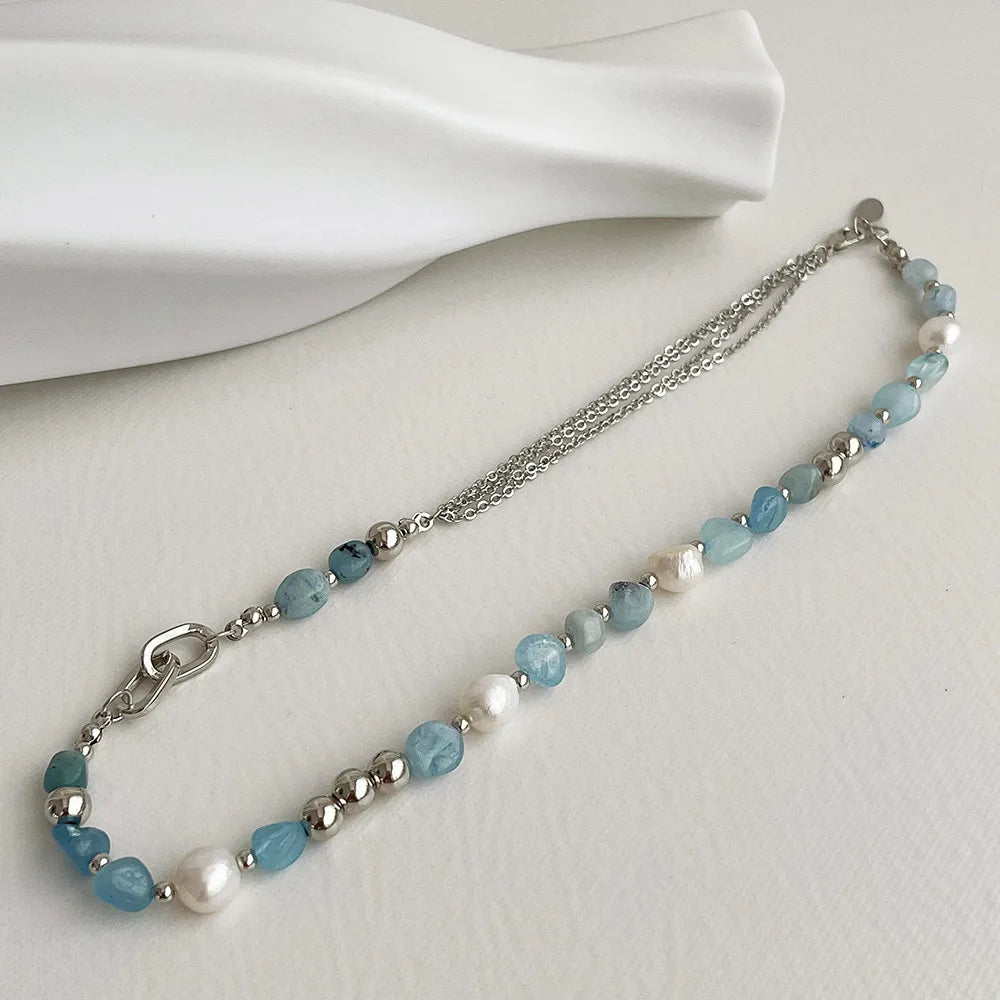Natural Blue Crystal Freshwater Pearl Zinc Alloy Necklace