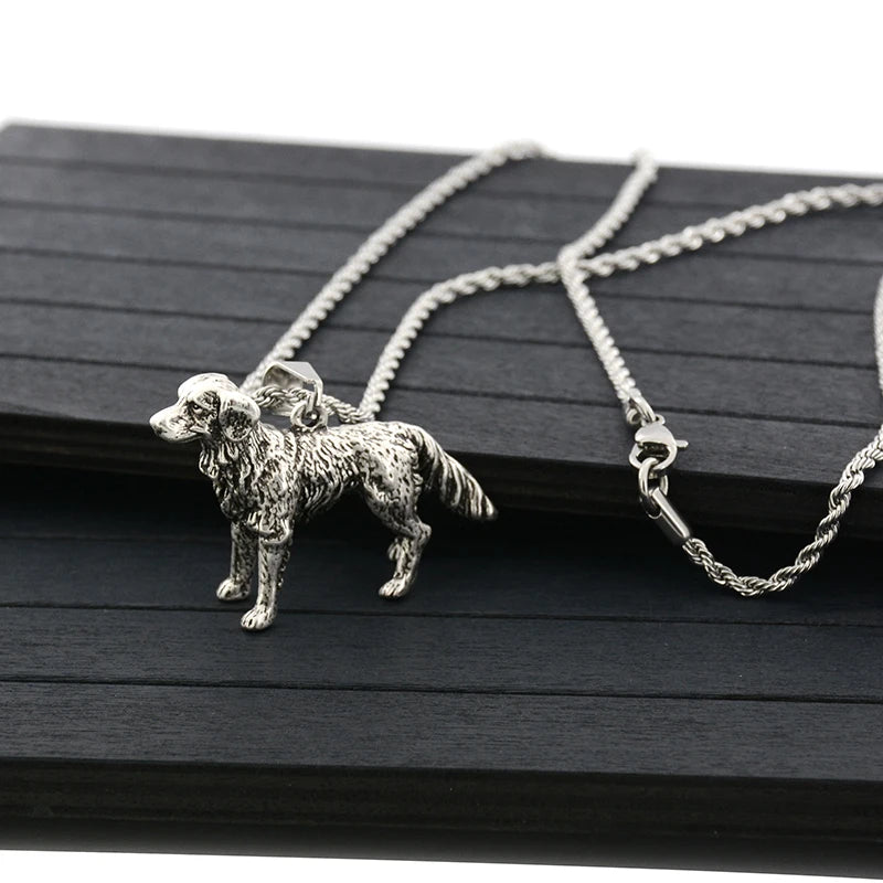 Vintage Style Golden Retriever Dog Pendant Necklace Antique Silver Plated