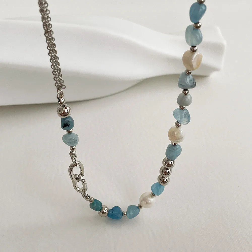 Natural Blue Crystal Freshwater Pearl Zinc Alloy Necklace