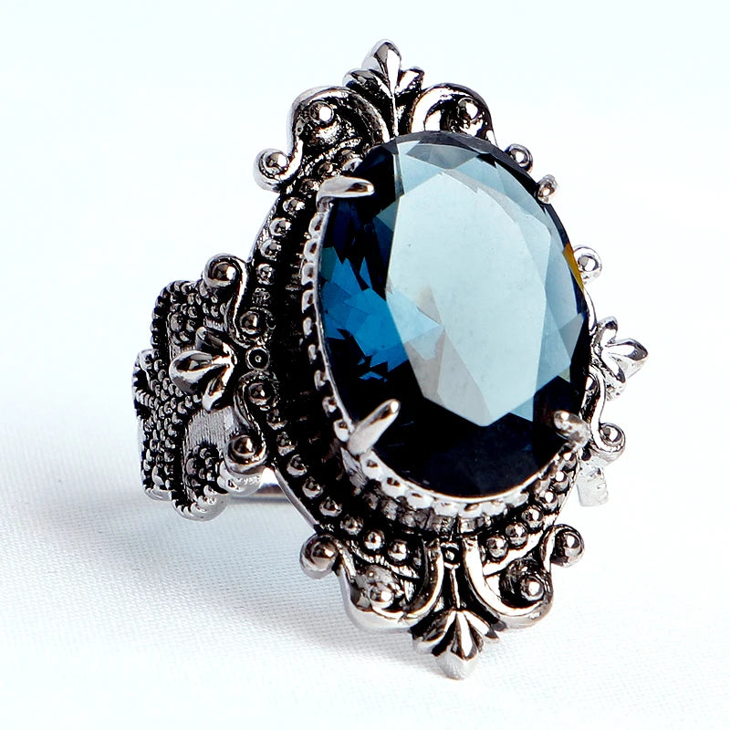 Large Oval Sapphire 925 Sterling Silver Plated Gothic Ring