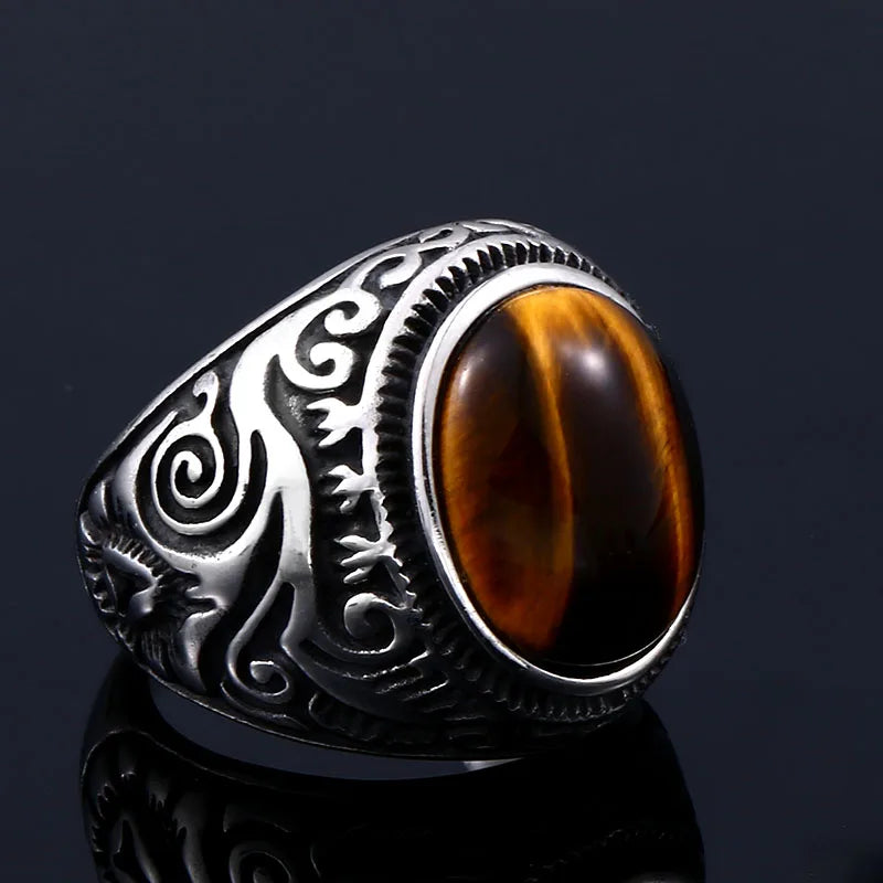 Ancient Oval Tiger Eye Large Stone Bold Ring in Stainless Steel, Unisex