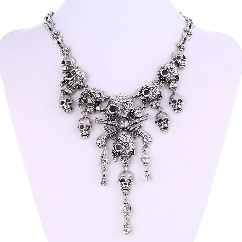 Pirate Goth Multi Skeleton Skull Rhinestone Choker Zinc Alloy Necklace