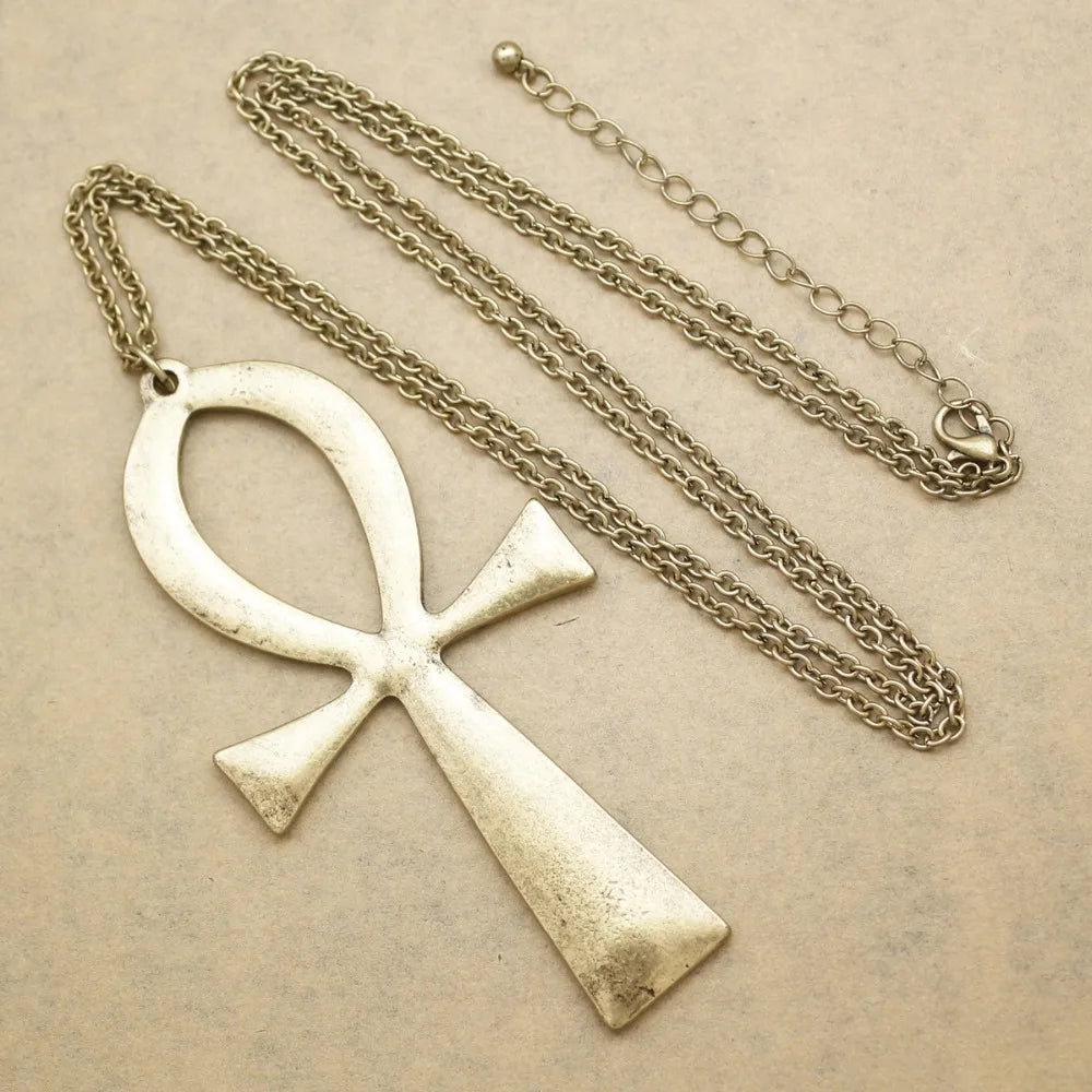 Egyptian Life Large Cross Pendant & Earrings Zinc Alloy Necklace 10x5cm