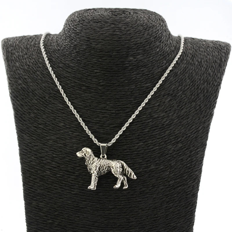 Vintage Style Golden Retriever Dog Pendant Necklace Antique Silver Plated