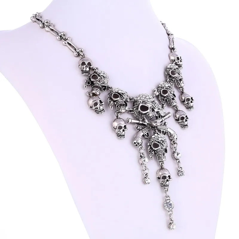 Pirate Goth Multi Skeleton Skull Rhinestone Choker Zinc Alloy Necklace