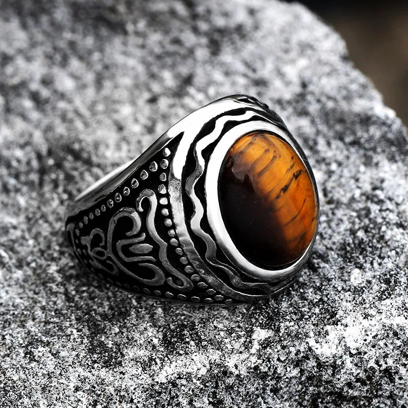Ancient Oval Tiger Eye Large Stone Bold Ring in Stainless Steel, Unisex