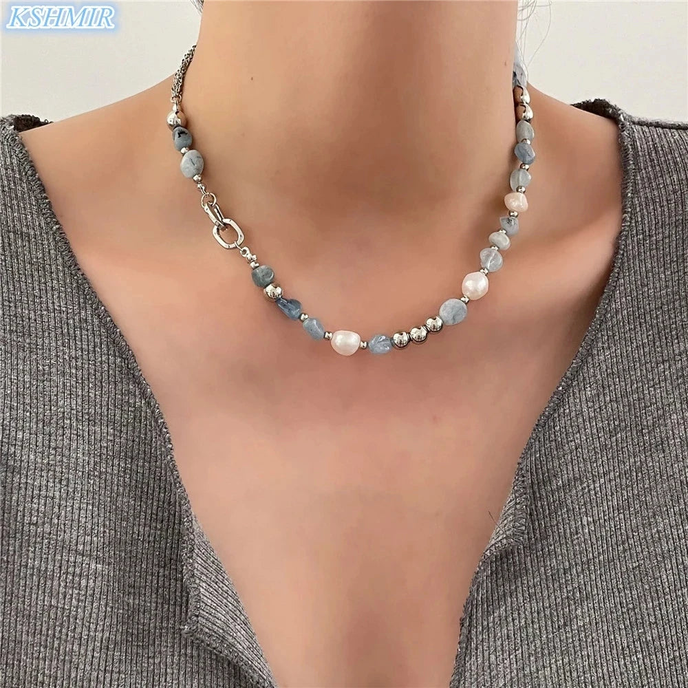 Natural Blue Crystal Freshwater Pearl Zinc Alloy Necklace