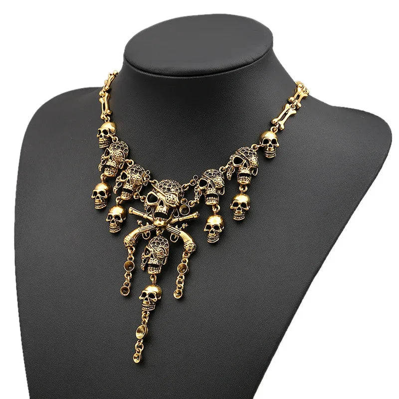 Pirate Goth Multi Skeleton Skull Rhinestone Choker Zinc Alloy Necklace