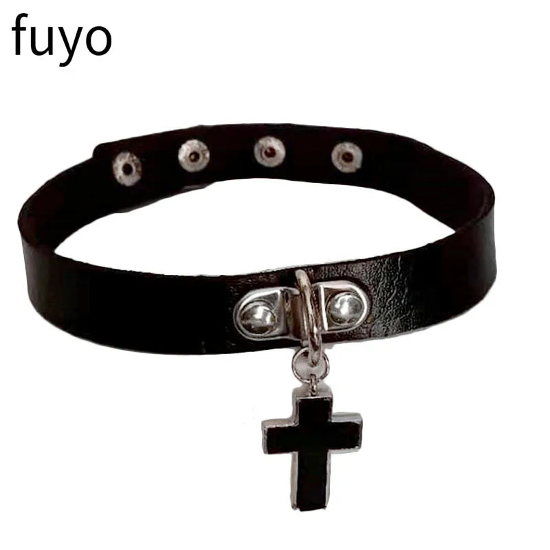 Gothic Punk Black Cross Heart Circle PU Leather Choker Selection