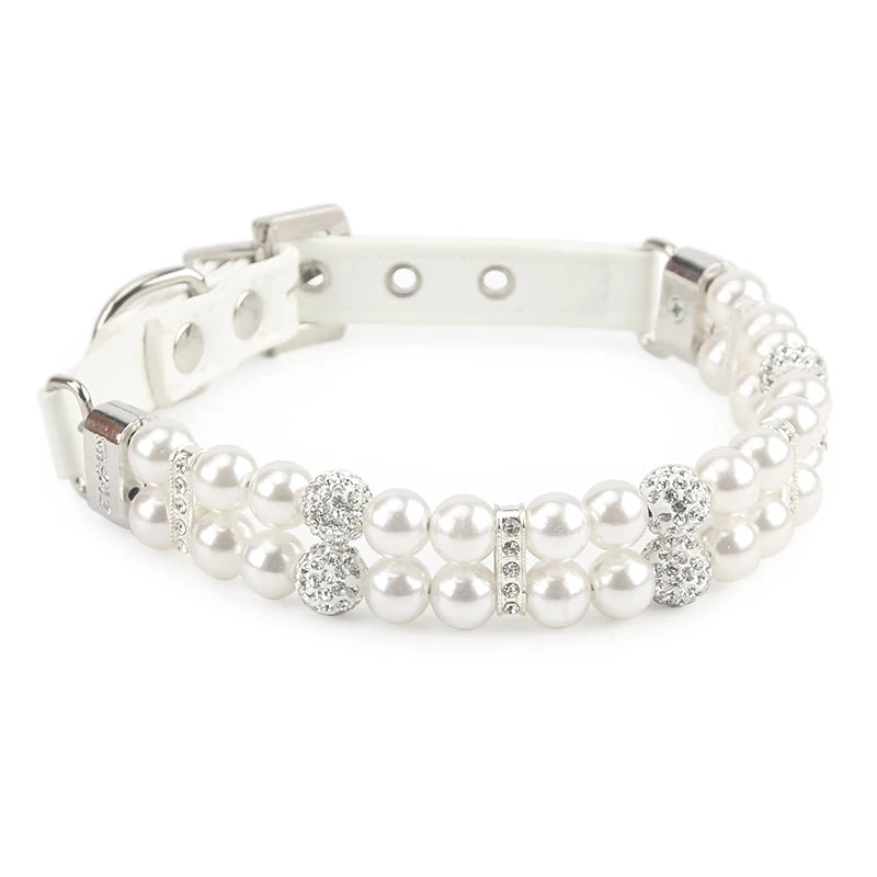 Faux Pearl Pet PU Leather Collar Necklace with Rhinestones