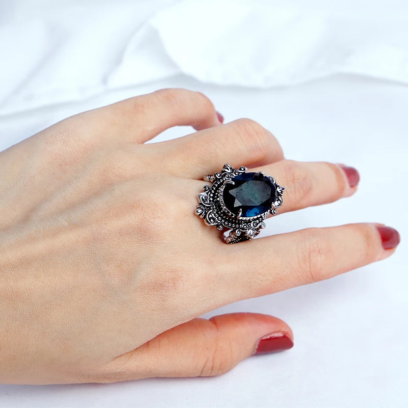 Large Oval Sapphire 925 Sterling Silver Plated Gothic Ring