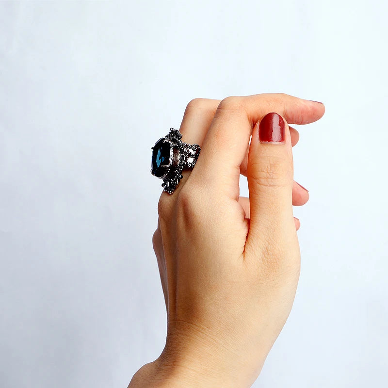 Large Oval Sapphire 925 Sterling Silver Plated Gothic Ring