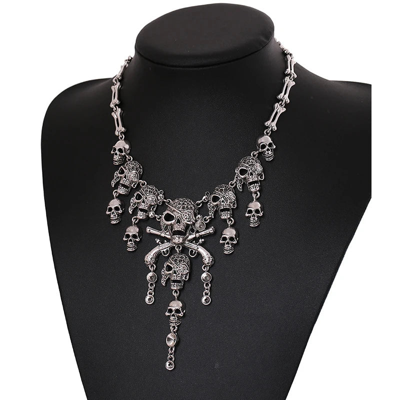 Pirate Goth Multi Skeleton Skull Rhinestone Choker Zinc Alloy Necklace
