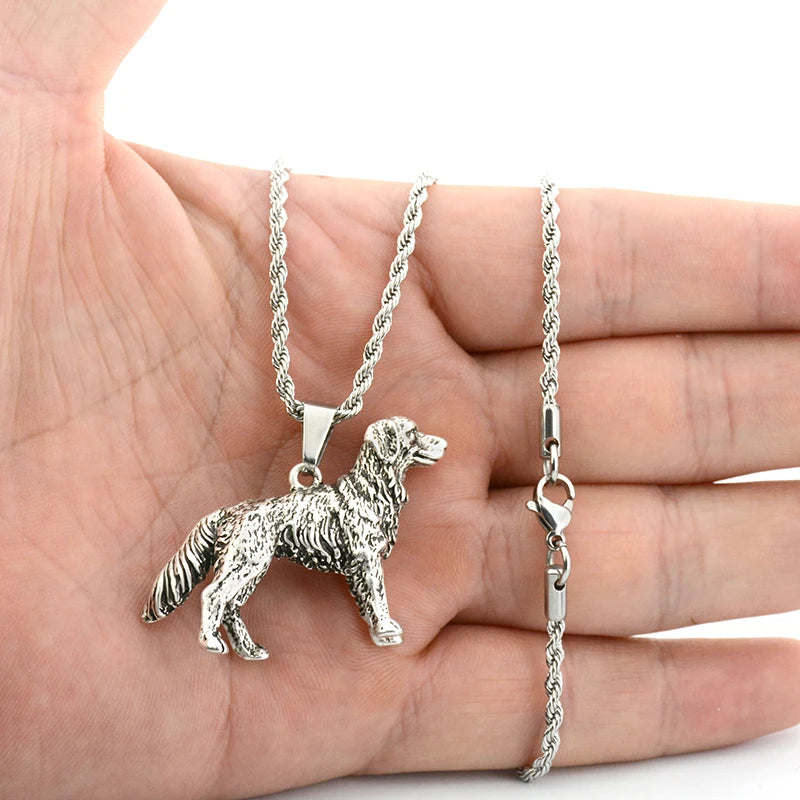 Vintage Style Golden Retriever Dog Pendant Necklace Antique Silver Plated