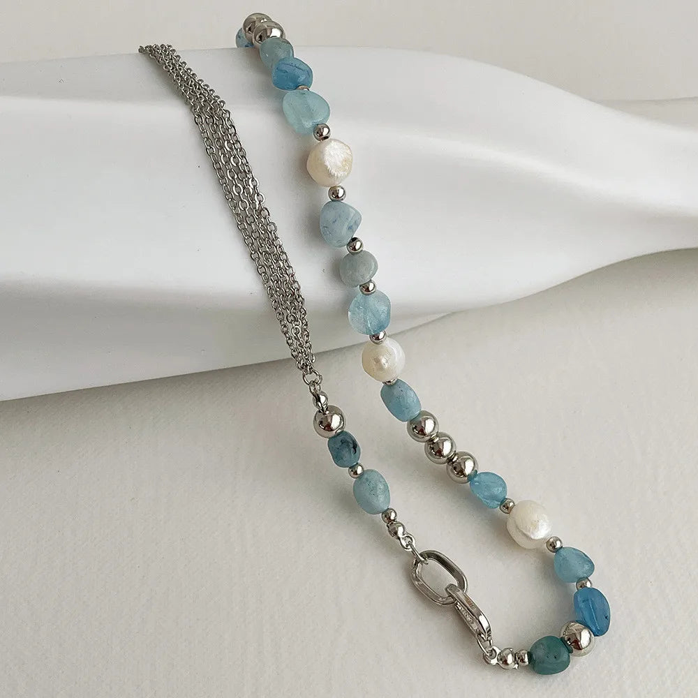 Natural Blue Crystal Freshwater Pearl Zinc Alloy Necklace