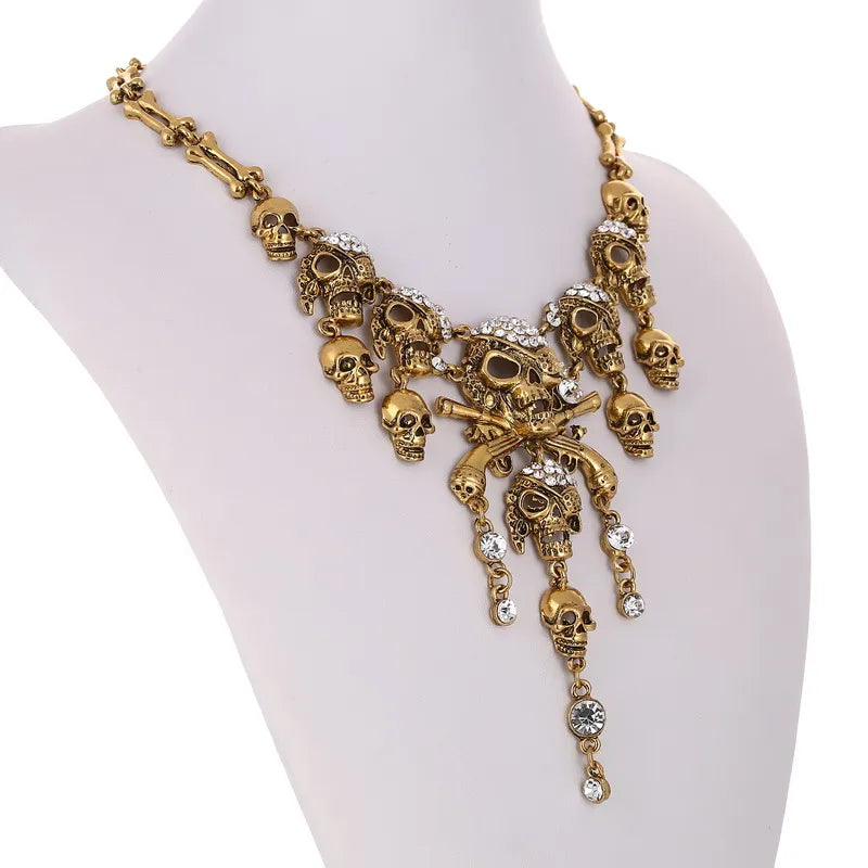Pirate Goth Multi Skeleton Skull Rhinestone Choker Zinc Alloy Necklace