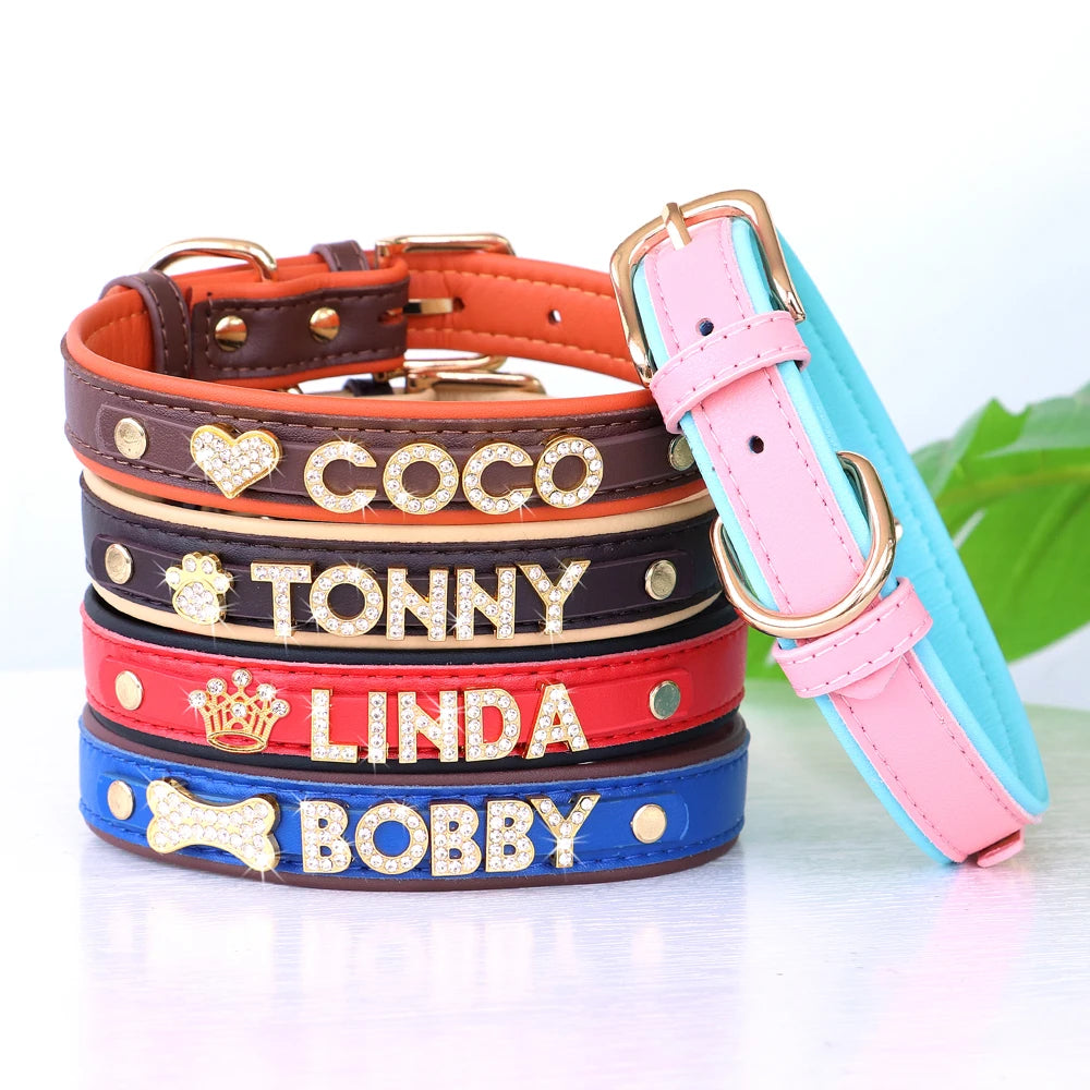 Faux Leather Dog Collar with Rhinestones - Customize, Engrave, Name Tag