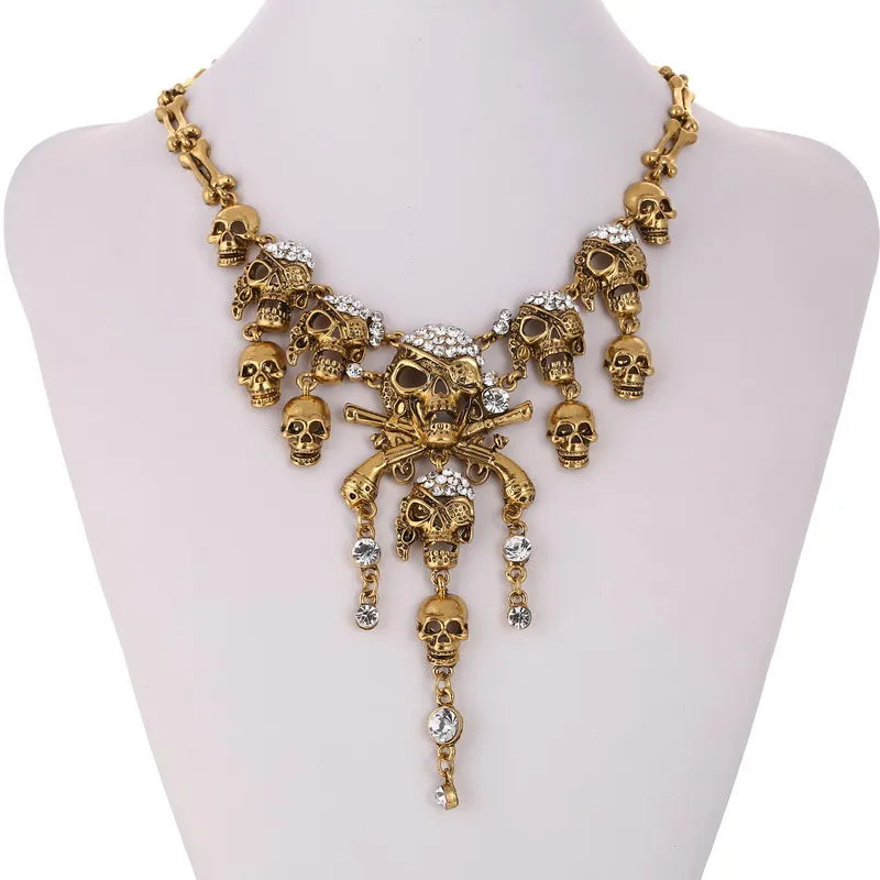 Pirate Goth Multi Skeleton Skull Rhinestone Choker Zinc Alloy Necklace