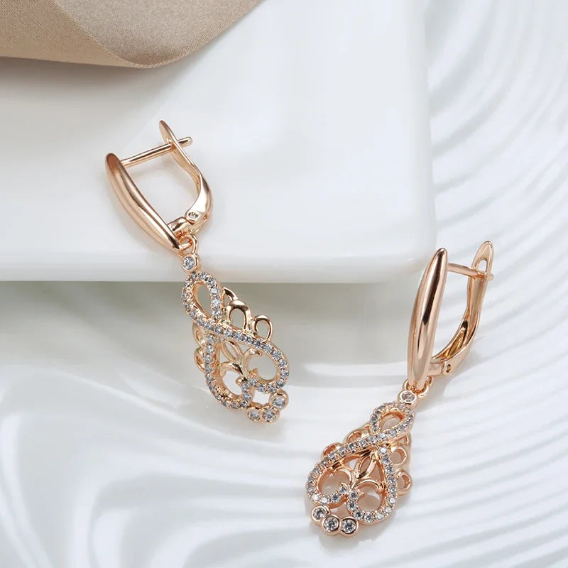 CZ Flower Cooper Feminine Bridal Heart Dangle Earrings