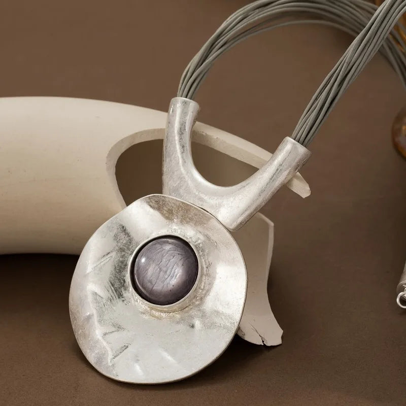 Large Metal Oval Hollow Geometric Alloy Pendant & Stone on Adjustable Multilayered Rope Chain