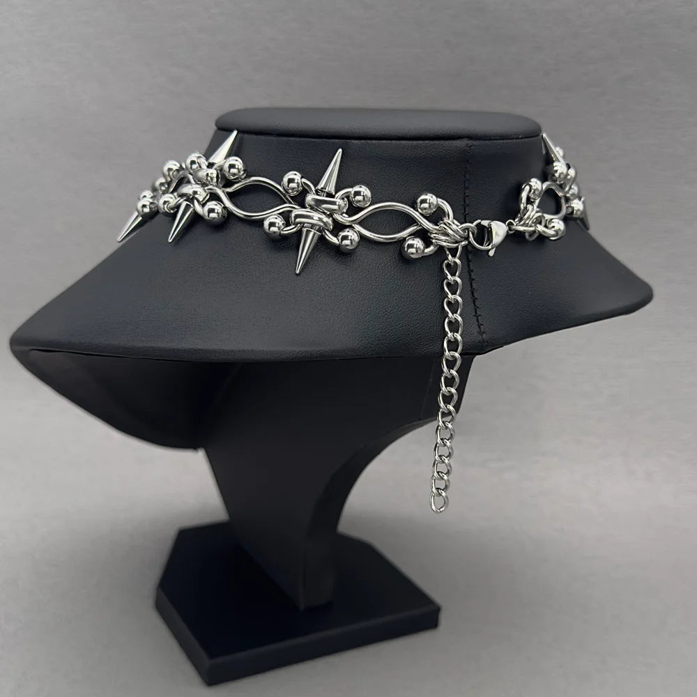 Punk Rock Y2K Piercing Spike Chain Cross Choker & Bracelet Stainless Steel