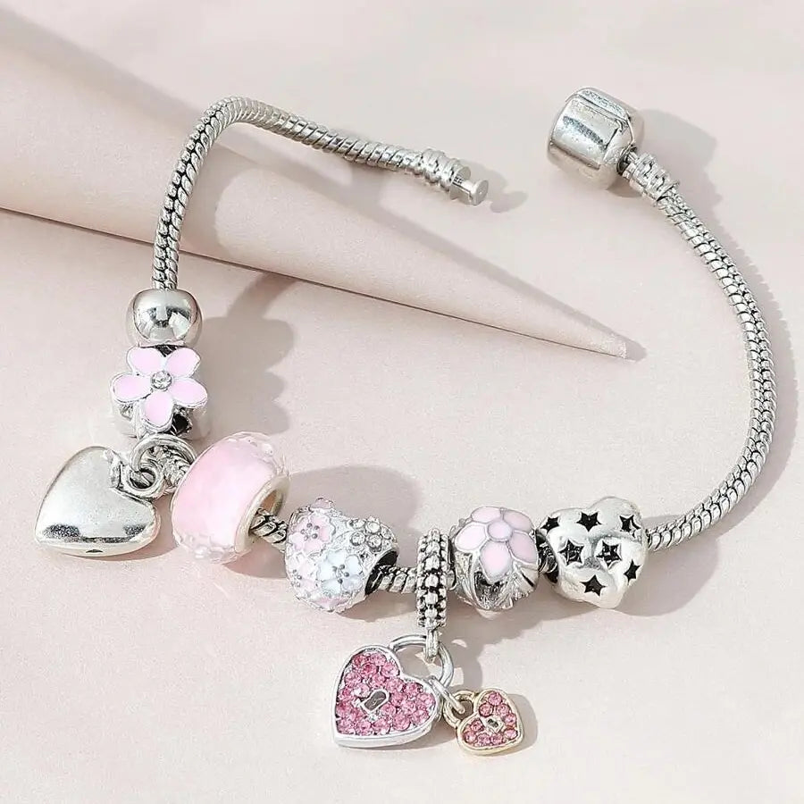 Love Heart Flower Crystal Stone Pendant Charm Copper Bracelet Girls