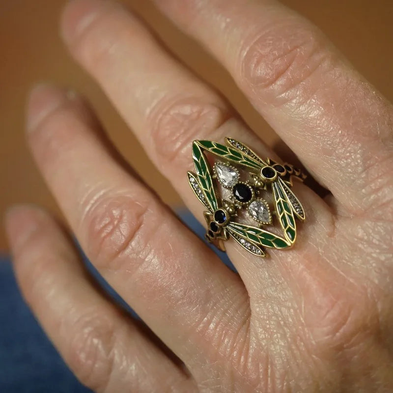 Bold Vintage Inspired Dragonfly Alloy Ring with Blue/Green/Clear CZ Stones