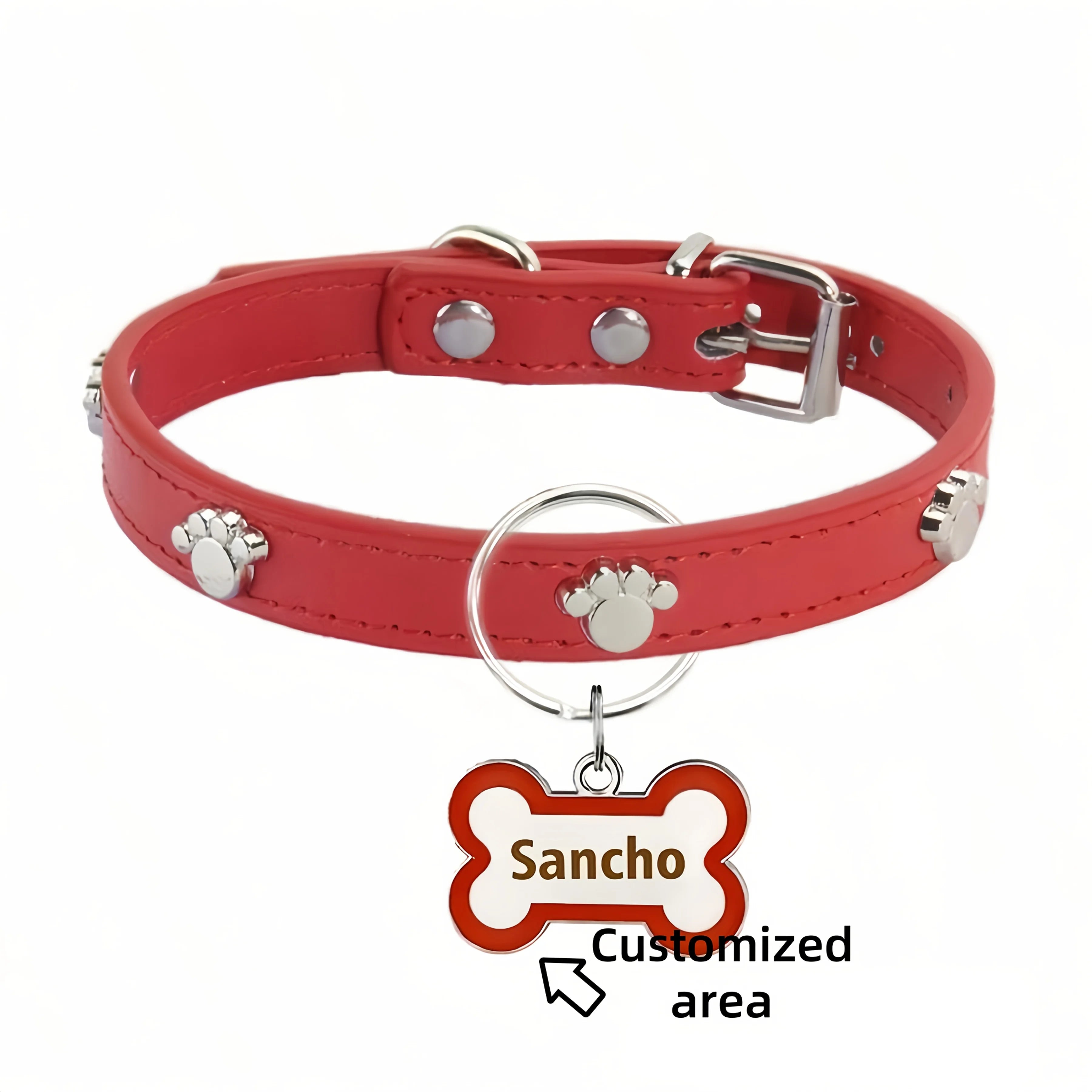 PU Leather Dog Collar with Bone-Shaped Pet Tag, Double-Sided, Engraved Pet Name and Phone