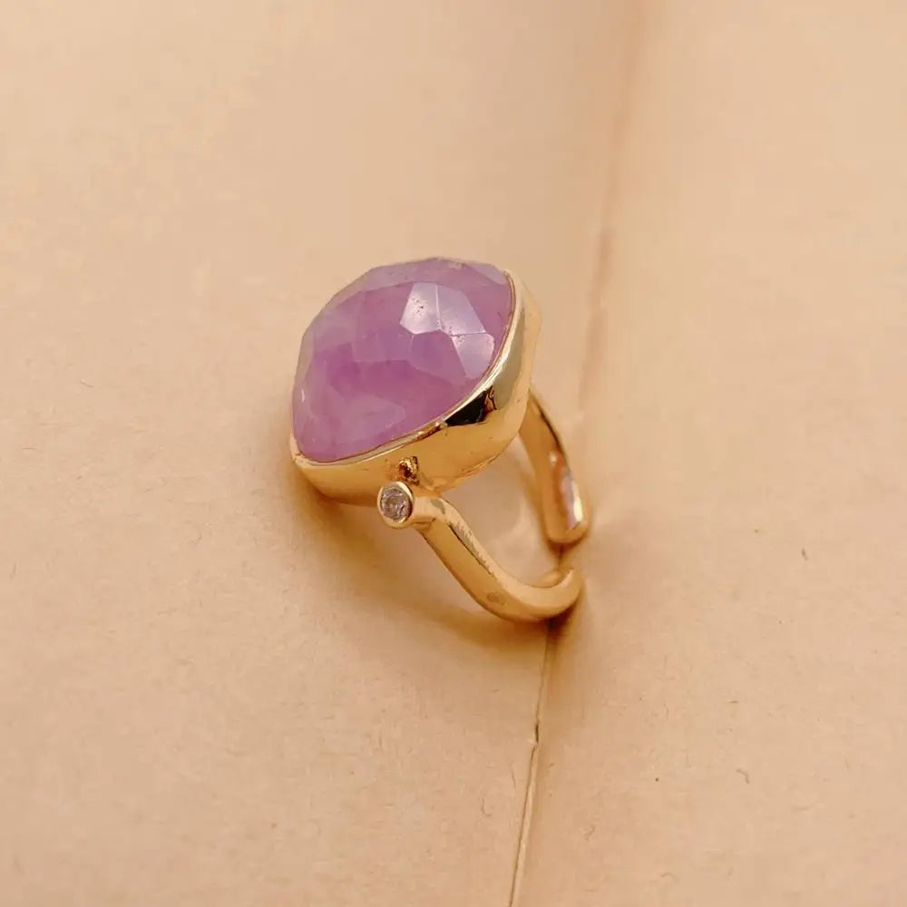 18K Gold Plated Copper Ring with Natural Purple Amethyst Stone, Adjustable