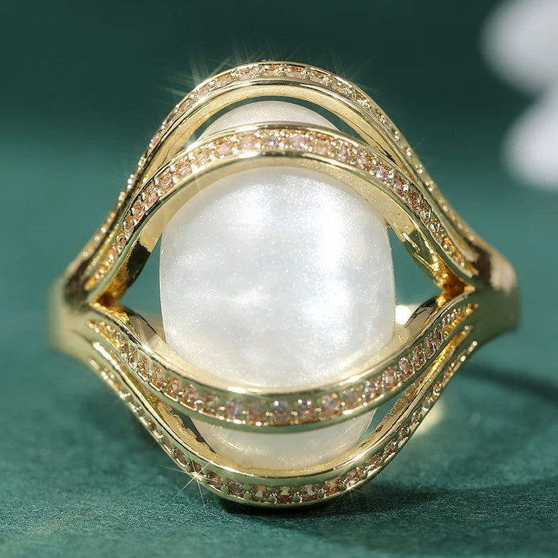 Bold Statement Brass Ring with Large White Faux Pearl & Zircon