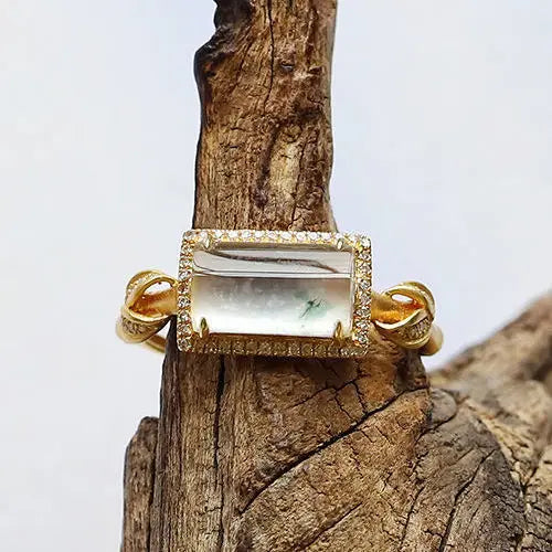 Antique Inspired Natural Ice Chalcedony Stone CZ Ring - Gold Plated, Adjustable, Unique