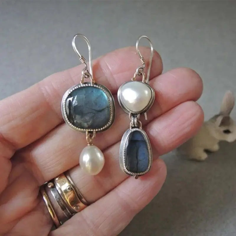 Boho Faux Pearl Blue Stone Dangle Alloy Earrings