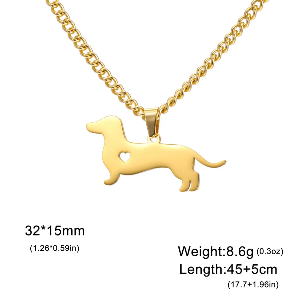 45+5 cm Stainless Steel Pendant Necklace Dachshund Dog Cutout Heart - 4 Options