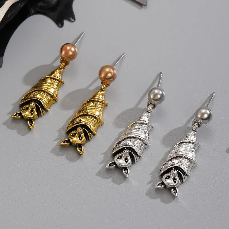 Gothic Dark Bat Pendant Drop Zink Alloy Stud Earrings