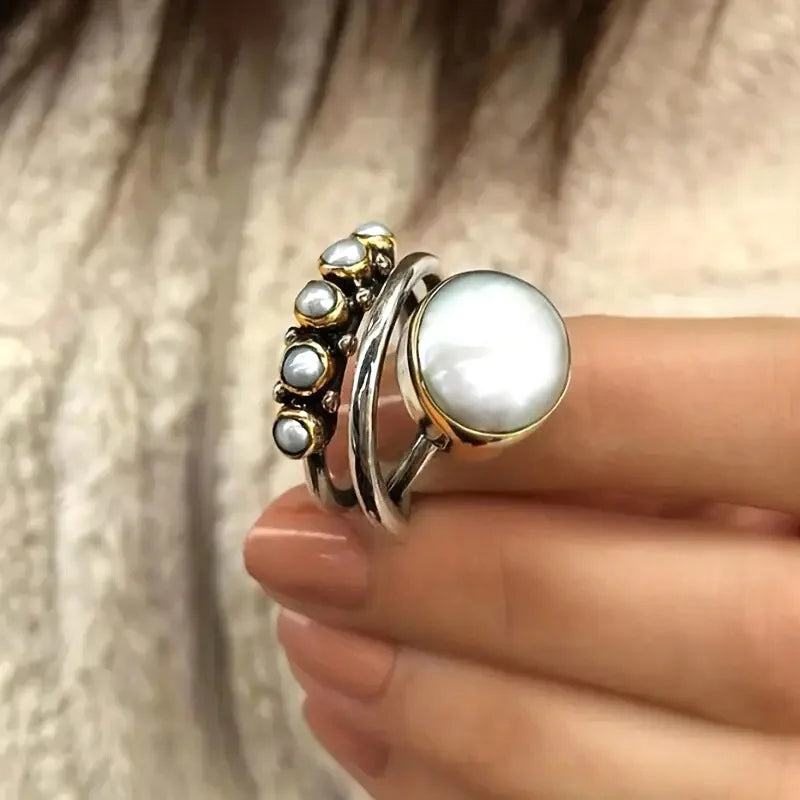 Vintage Inspired Simulated Pearl Stackable White Copper Ring - Bold, Unusual, Statement