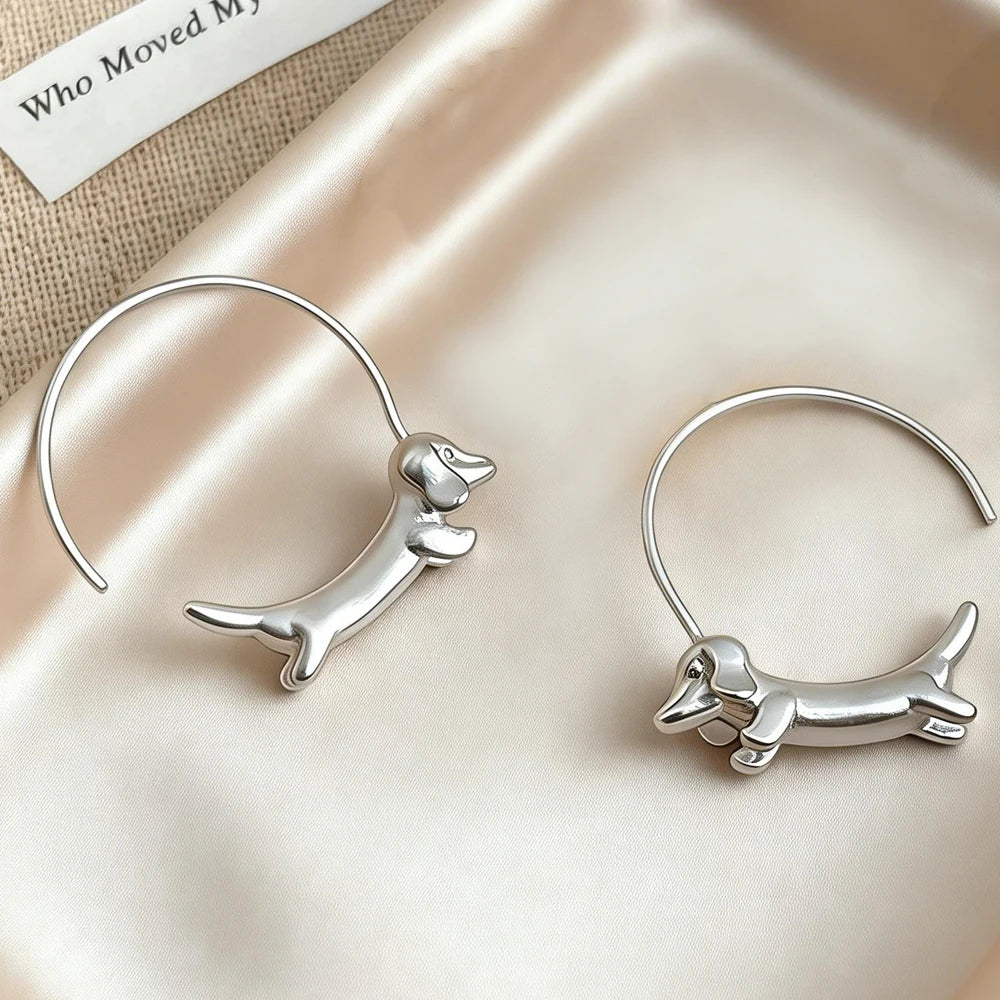 Polished Silver Plated Sausage Dachshund Dog Open Hoop Earrings