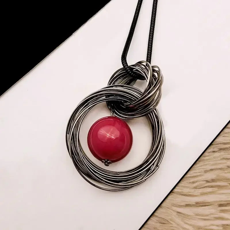 Pearl Ball Multi Layered Round Metal Pendant Long Gold-Plated Alloy Necklace