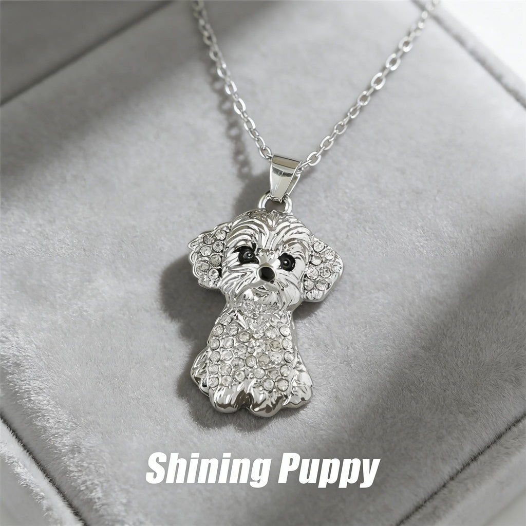 Cute Sparkling Maltese Puppy Pendant Necklace Zinc Alloy & Stainless Steel