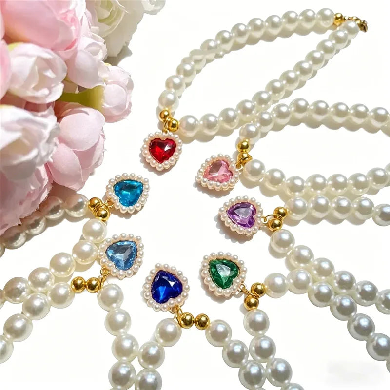 Faux Pearl Dog Necklace & Heart Rhinestone Pearl Pendant