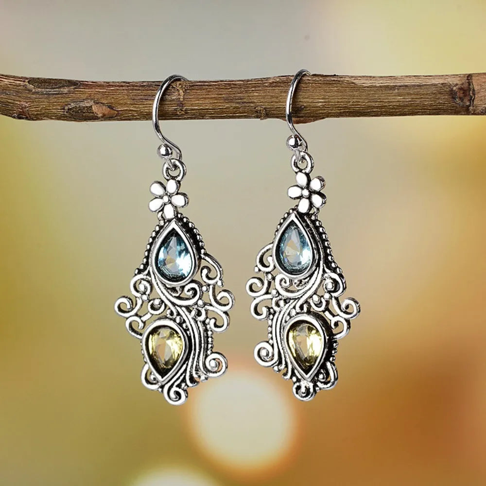 Retro Court Style Sea Blue Topaz Flower Water Droplet Dangle Alloy Earrings