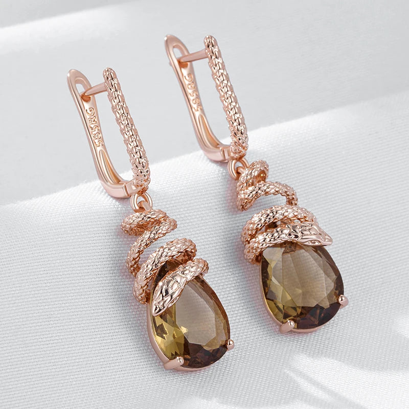 14K Rose Gold Plated Copper Snake Dangle Earrings with Natural Brown Zircon