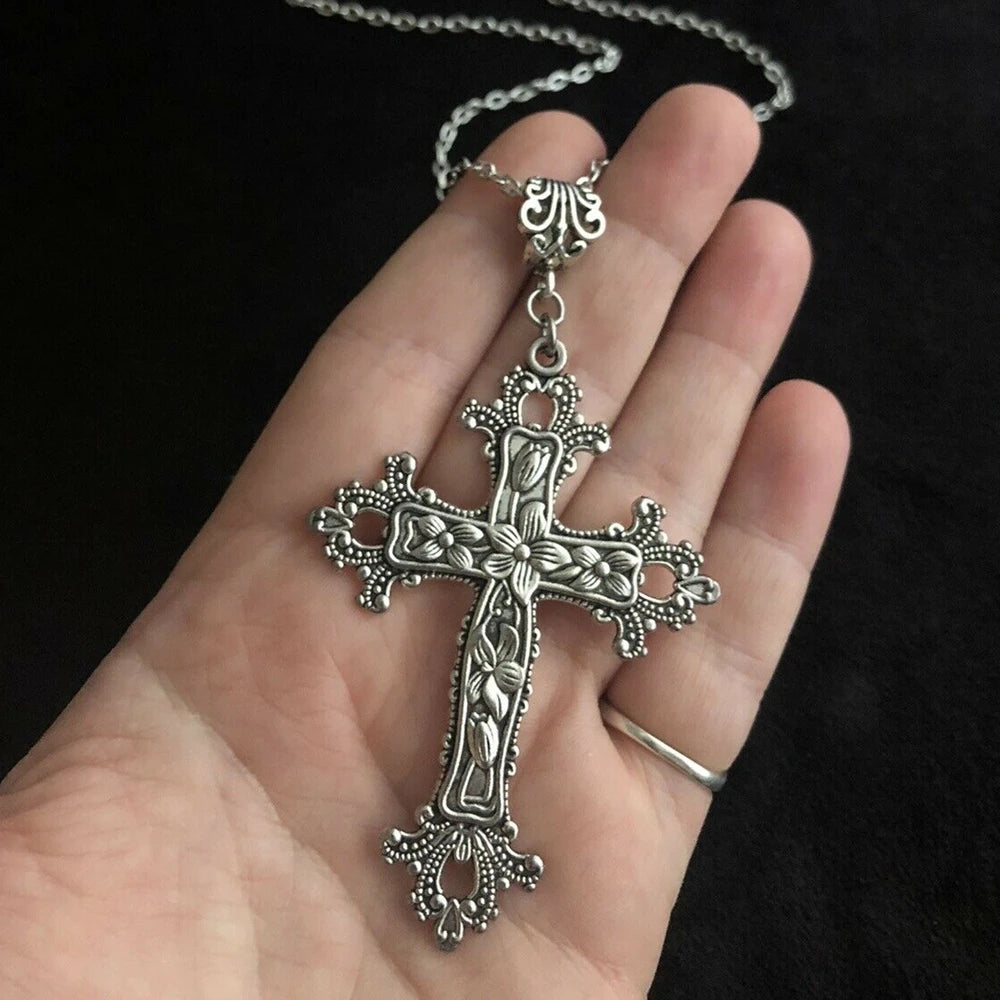 Large Gothic Victorian Flower Detailed Cross Zinc Alloy Necklace 19cm