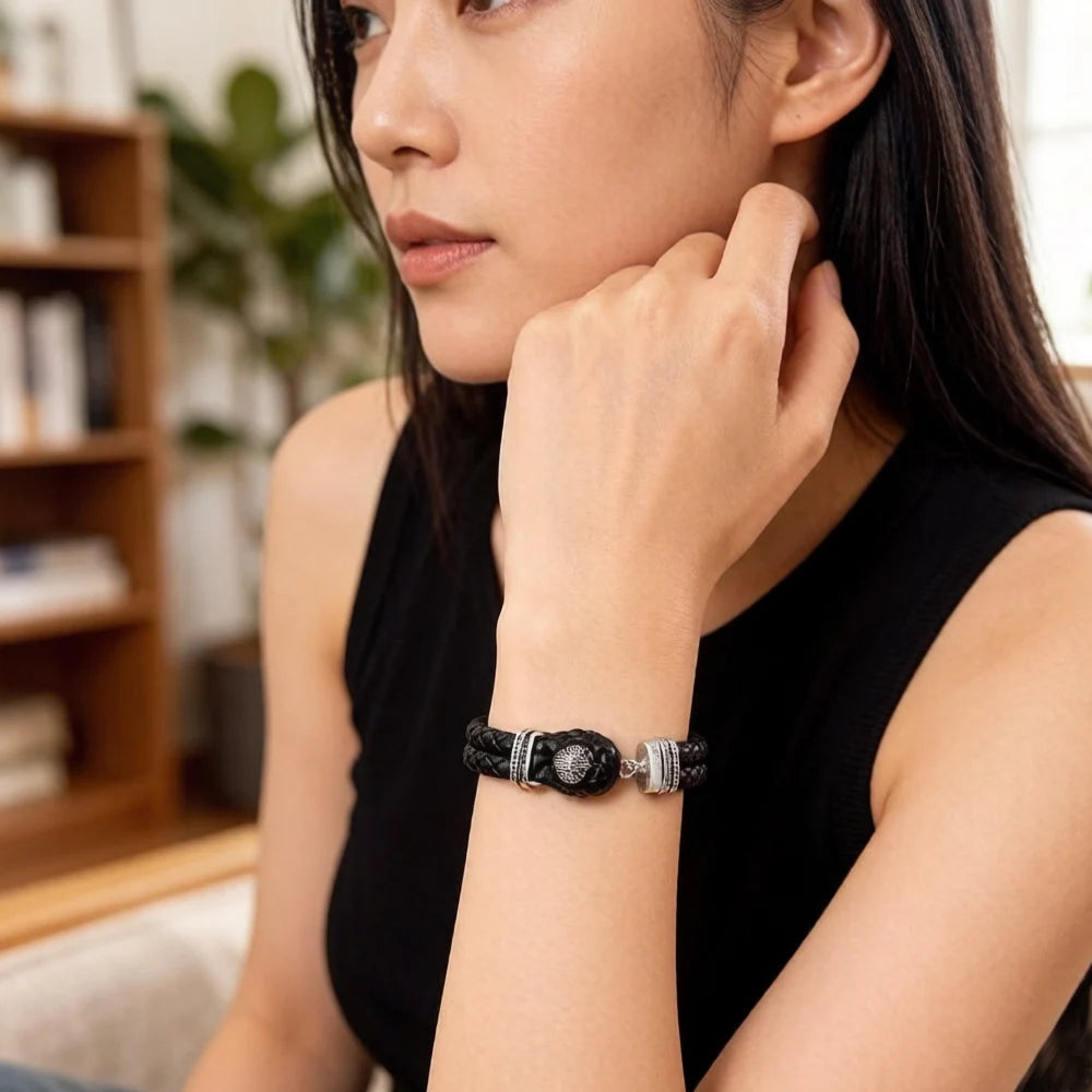Rhodium Plated Stainless Steel Leather Rebel Punk Bracelet