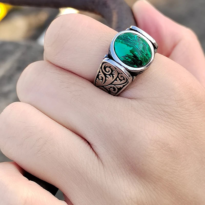 Antique Inspired Large Genuine Malachite Carved Stainless Steel Ring