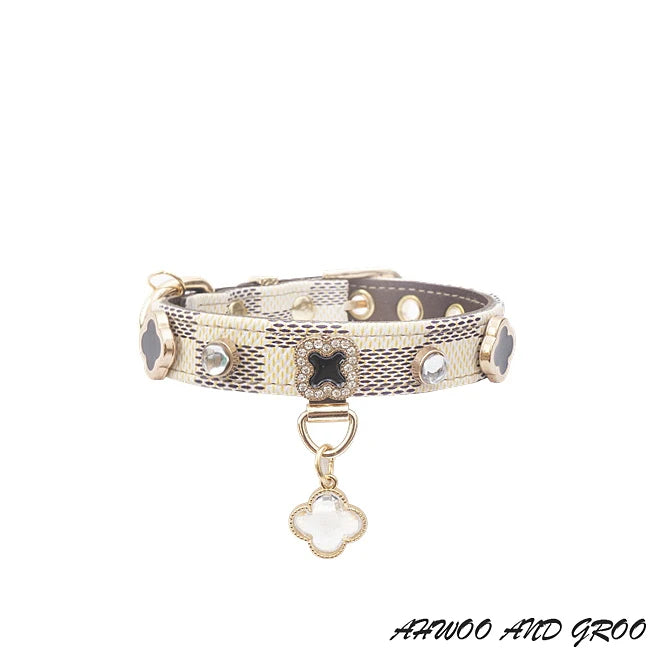 PU Leather Zinc Alloy Collar with Rhinestones & Clover Pendant