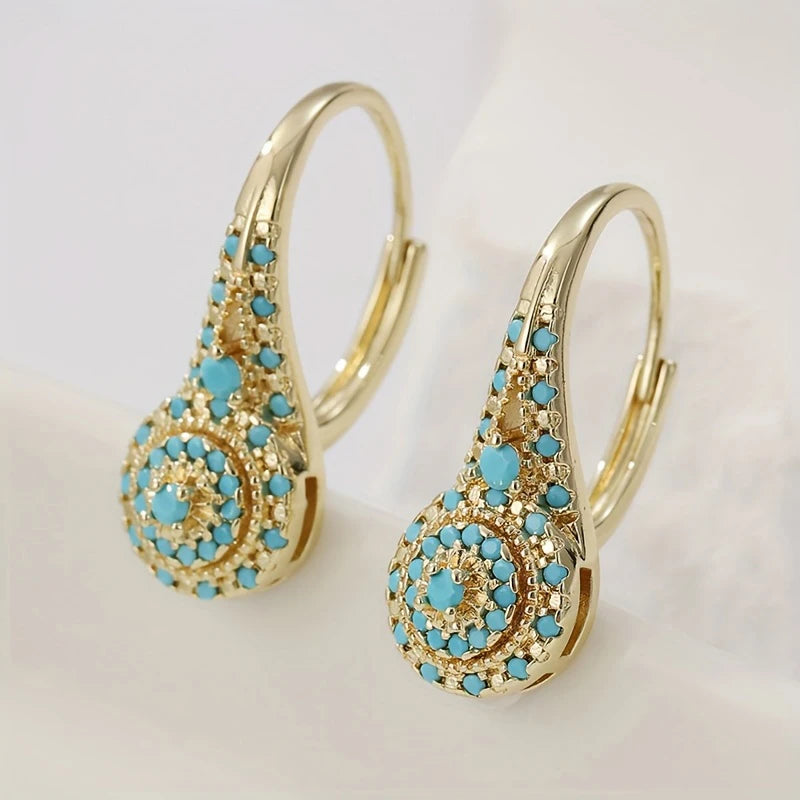 Bohemia Style Gorgeous Inlaid Blue Turquoise Golden Alloy Earrings
