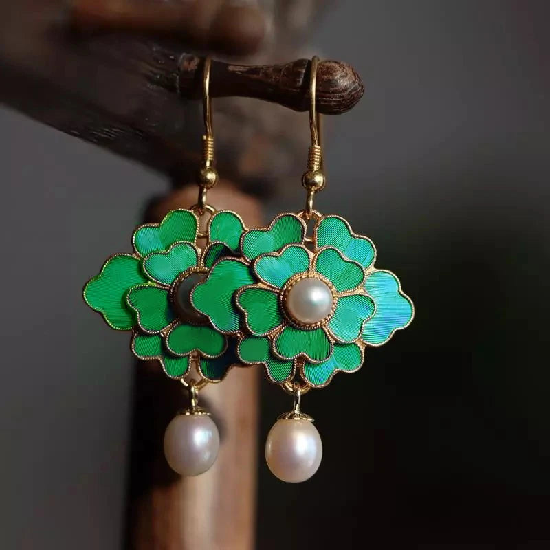 Vintage Gold-Plated Cloisonne Enamel Porcelain Green Flower Drop Earrings