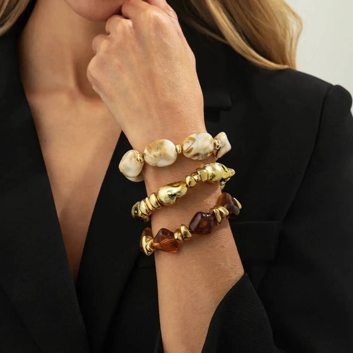 3 Pcs Set Acrylic Resin Copper Coated Bead Bracelets - Y2K Bohemian Uneven Various Forms
