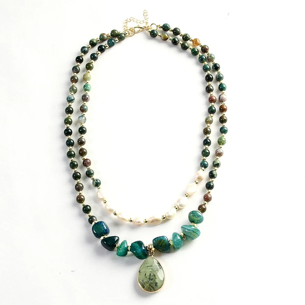 Bohemian 2-Layer Tiger Eye Indian Agate Stone Freshwater Pearl Drop Pendant Necklace